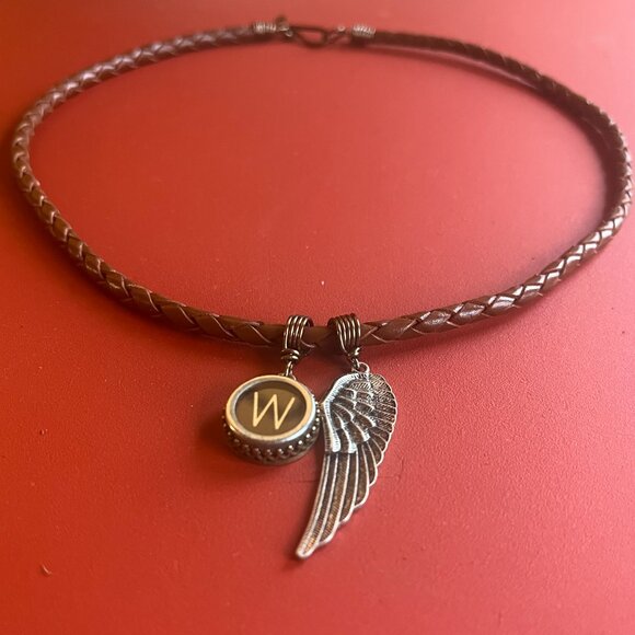 Braided Leather Necklace, Typewriter Key: Letter "W" and Angel Wing Pendants - Picture 3 of 7